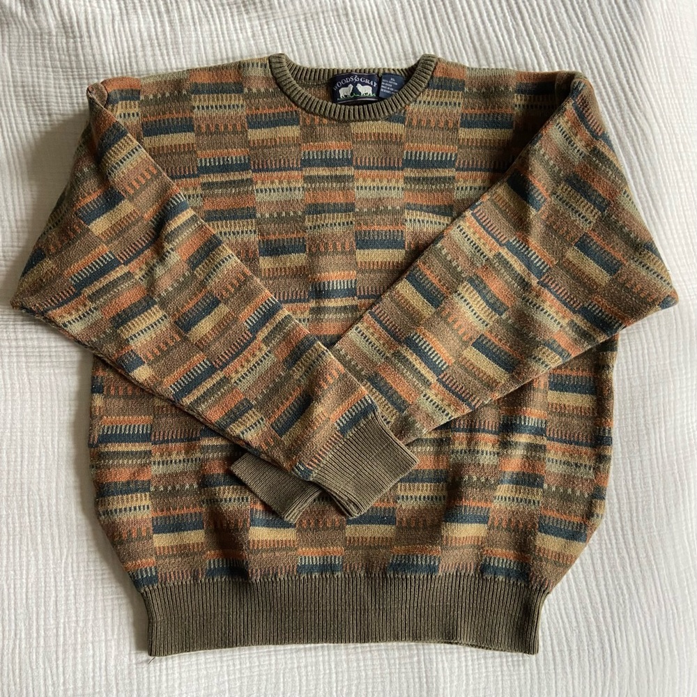 Woods & Gray Olive Tan Blue Geometric Crewneck 100% Cotton Sweater